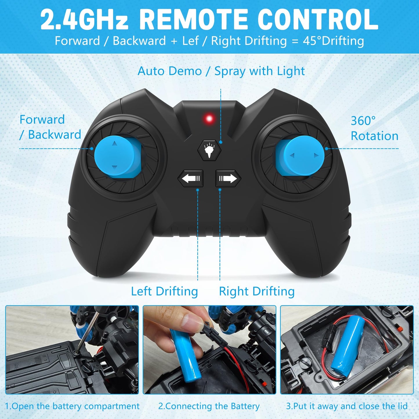 Eulogia Remote Control Car, 2.4Ghz Rc Stunt Car, Auto Demo, Spray With Light, 360 Rotation And Drifting, Toy Car For 5+ Years Ol