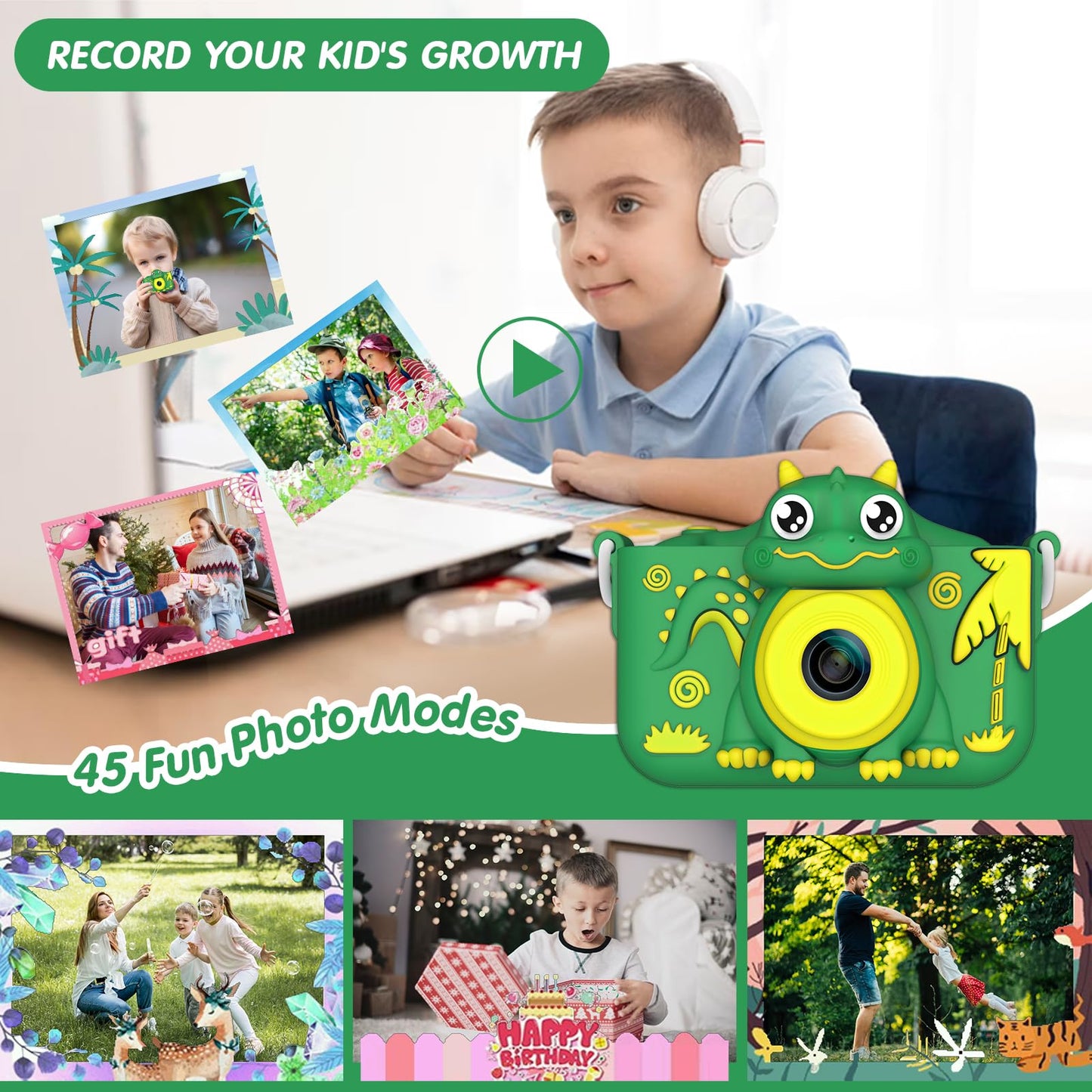 Mylorful Kids Camera, Cartoon Dinosaur Selfie Digital Camera Toys For Kids, Christmas Birthday Gifts For Boys Girls Age 3 4 5 6