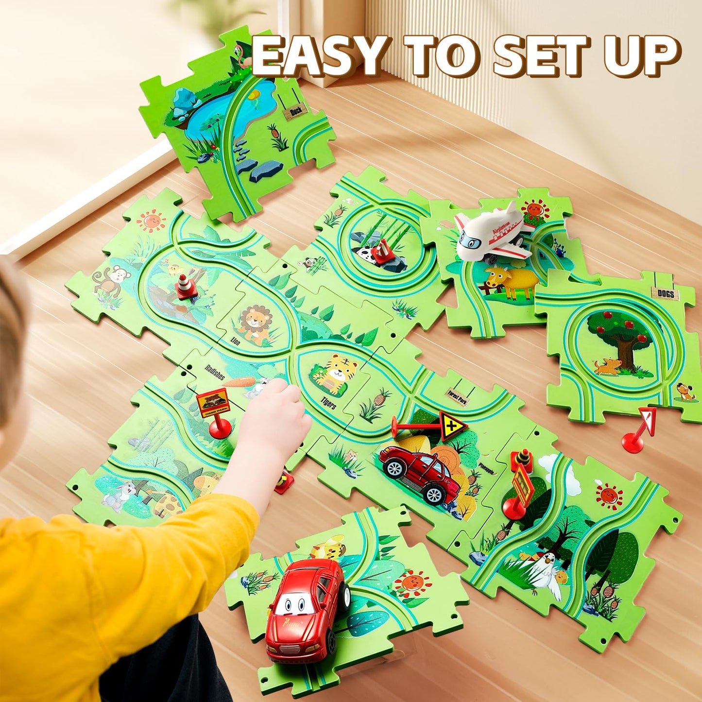Wdebay 26 Pcs Electric Puzzles Racer Kids Car Tracks For Toddlers 2-4 Year Old With Truck And Plane|Play Set For Toddlers 1-3|5