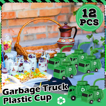 Tanlade 12 Sets Garbage Truck Cups with Straws, Trash Truck Birthday Party Decorations, 10 oz Plastic Garbage Car Shape Cup Reus