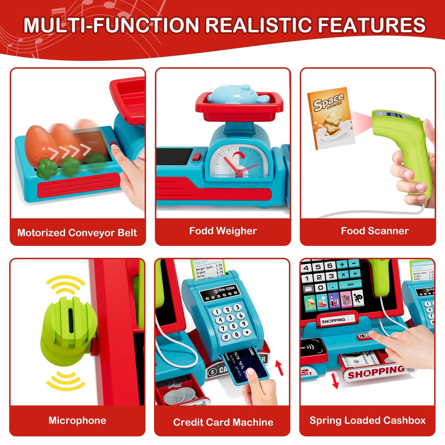 Wee Wonders 63PCS Cash Register for Kids, Kids Cash Register with Real Calculator, Pretend Play Store with Music/Motorized Conve