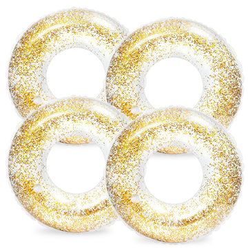 Whaline 4Pcs Inflatable Pool Floats Toys Clear Swim Tubes Rings Glitter Gold Pool Tube For Boys Girls Outdoor Summer Swimming Po