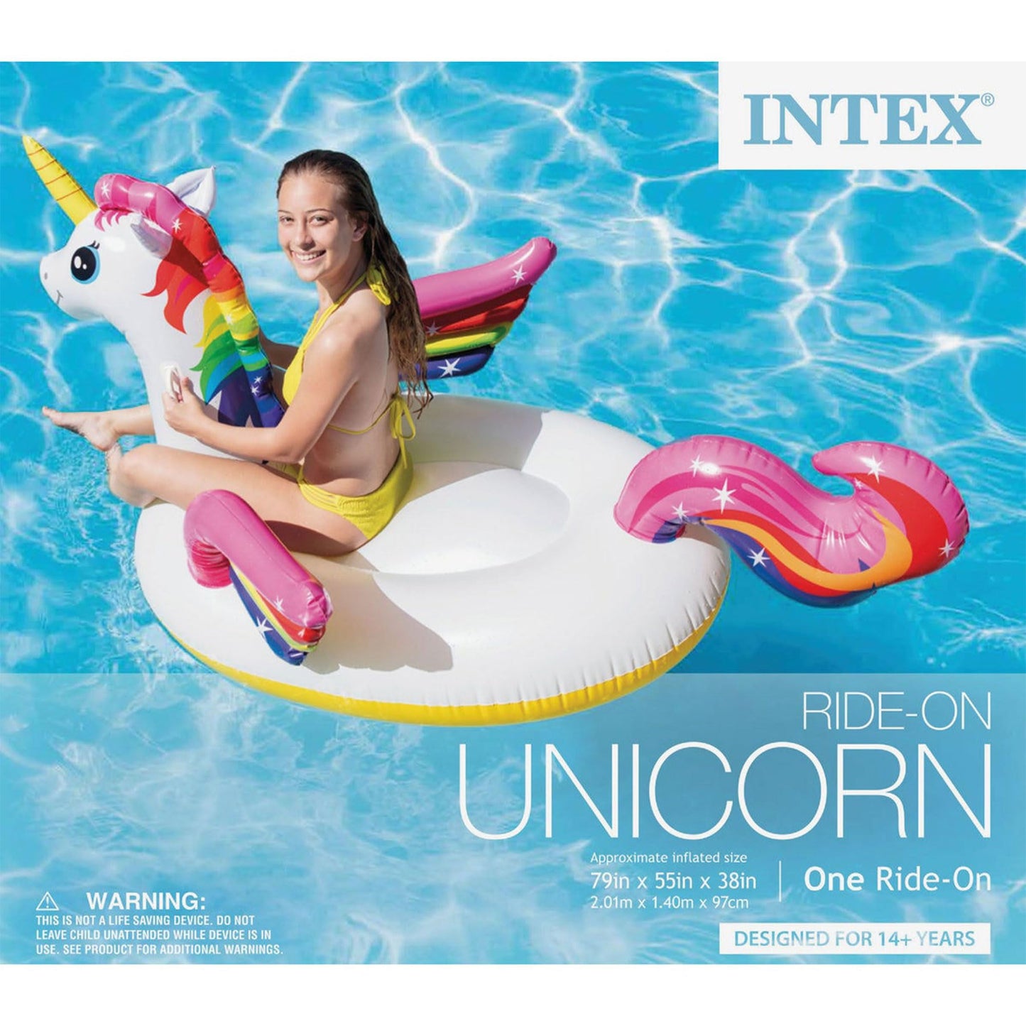 Intex Durable Premium Raft Grade Vinyl Unicorn Inflatable Ride On Pool Float With 2 Heavy Duty Handles And Repair Patch, Multicolor