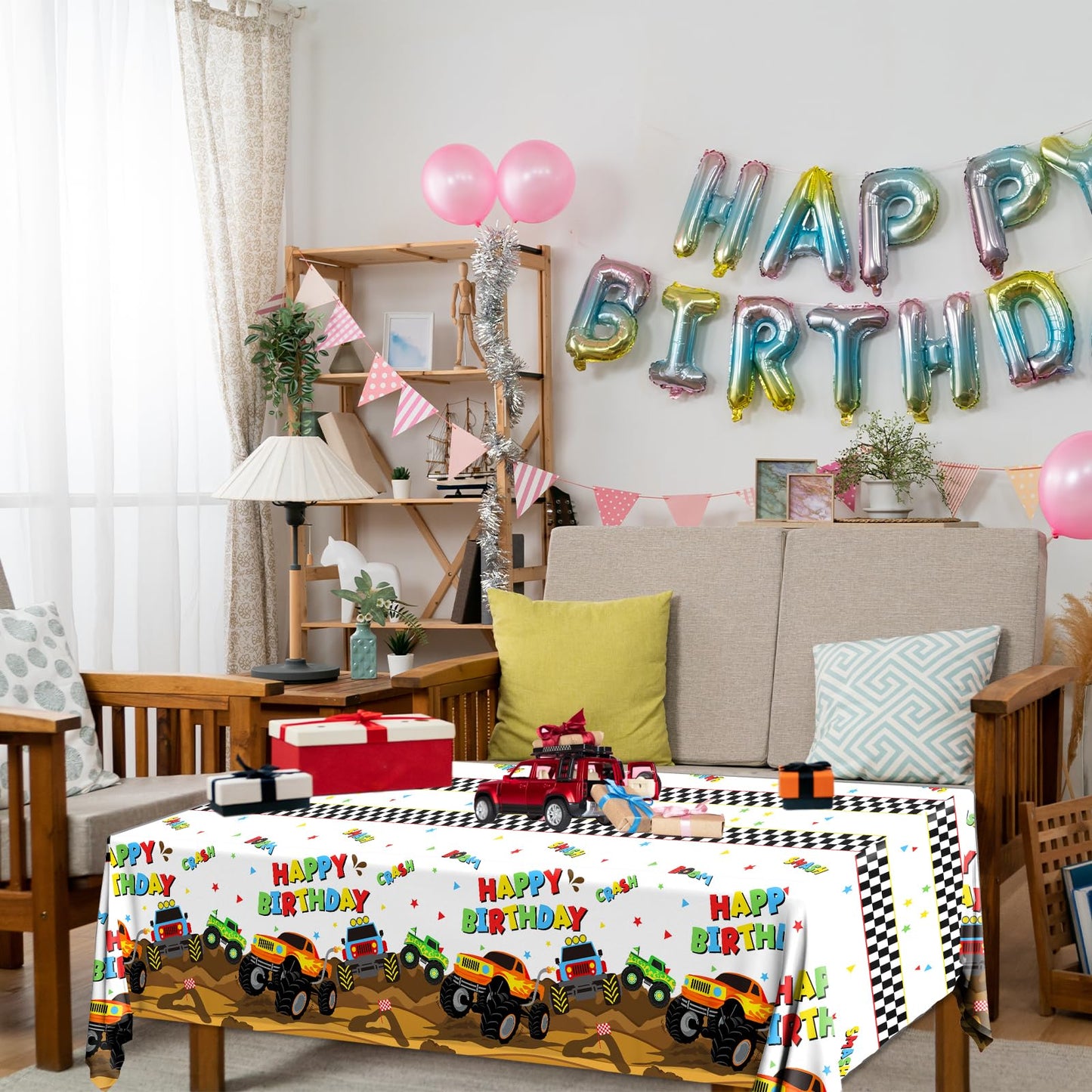 Dydamud Monster Truck Tablecloth,Monster Machine Birthday Party Supplies 3 Pcs Disposable Machine Truck Table Cover Checkered Ta
