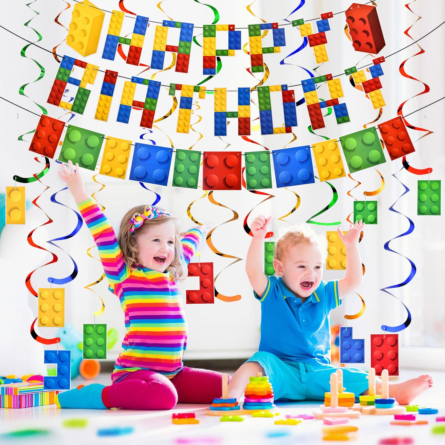 23 Pieces Building Block Birthday Party Backdrop Supplies Include Colorful Building Blocks Banners and Building Theme Hanging Sw