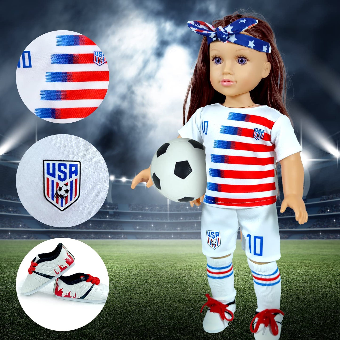 Wondoll 18-Inch-Doll-Clothes And Accessories - Wondoll World Cup Team Usa 18'' Soccer Uniform Outfits Includes Headband,Shirt,Shorts, Socks,Shoes And Football