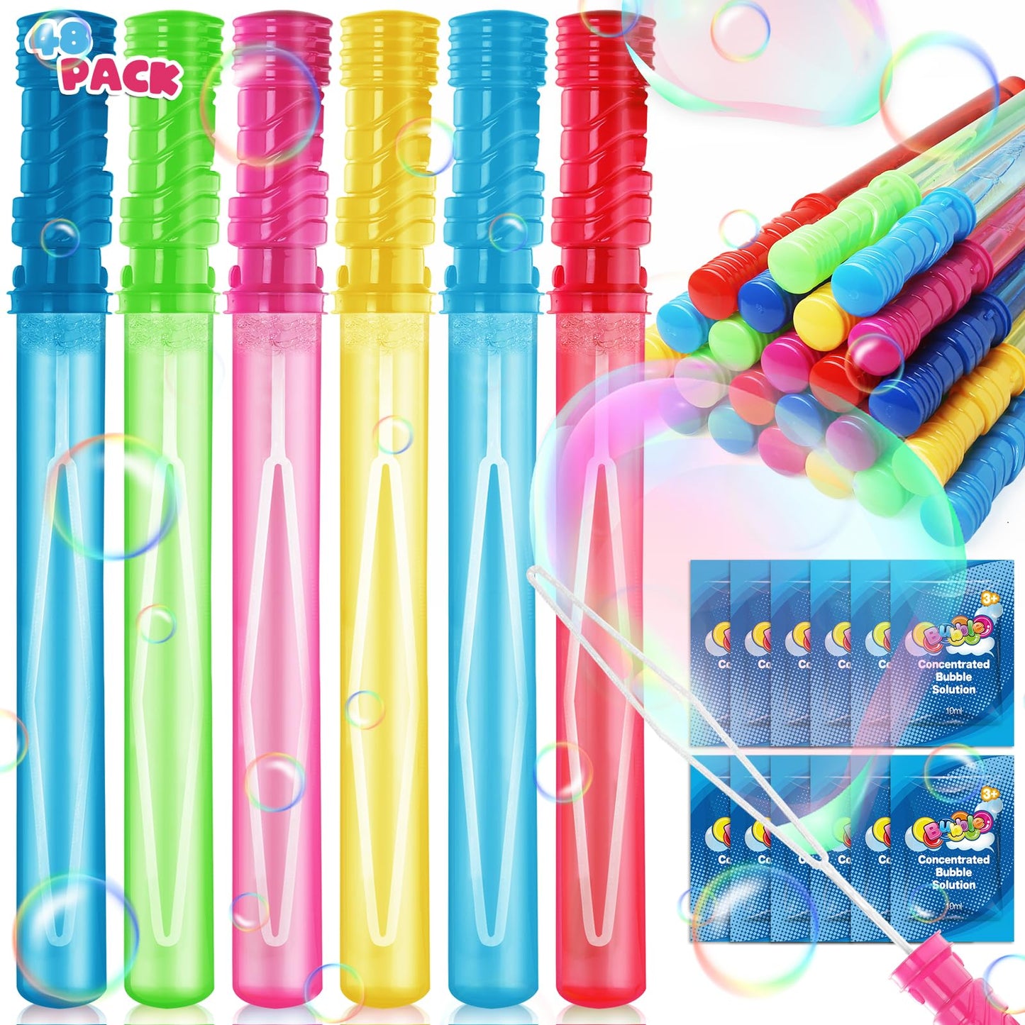 48 Pack 15'' Bubble Wands in 6 Colors, Big Bubble Wands with 48 Bubble Refill Solutions, Bubbles Party Favors for Easter, Birthd