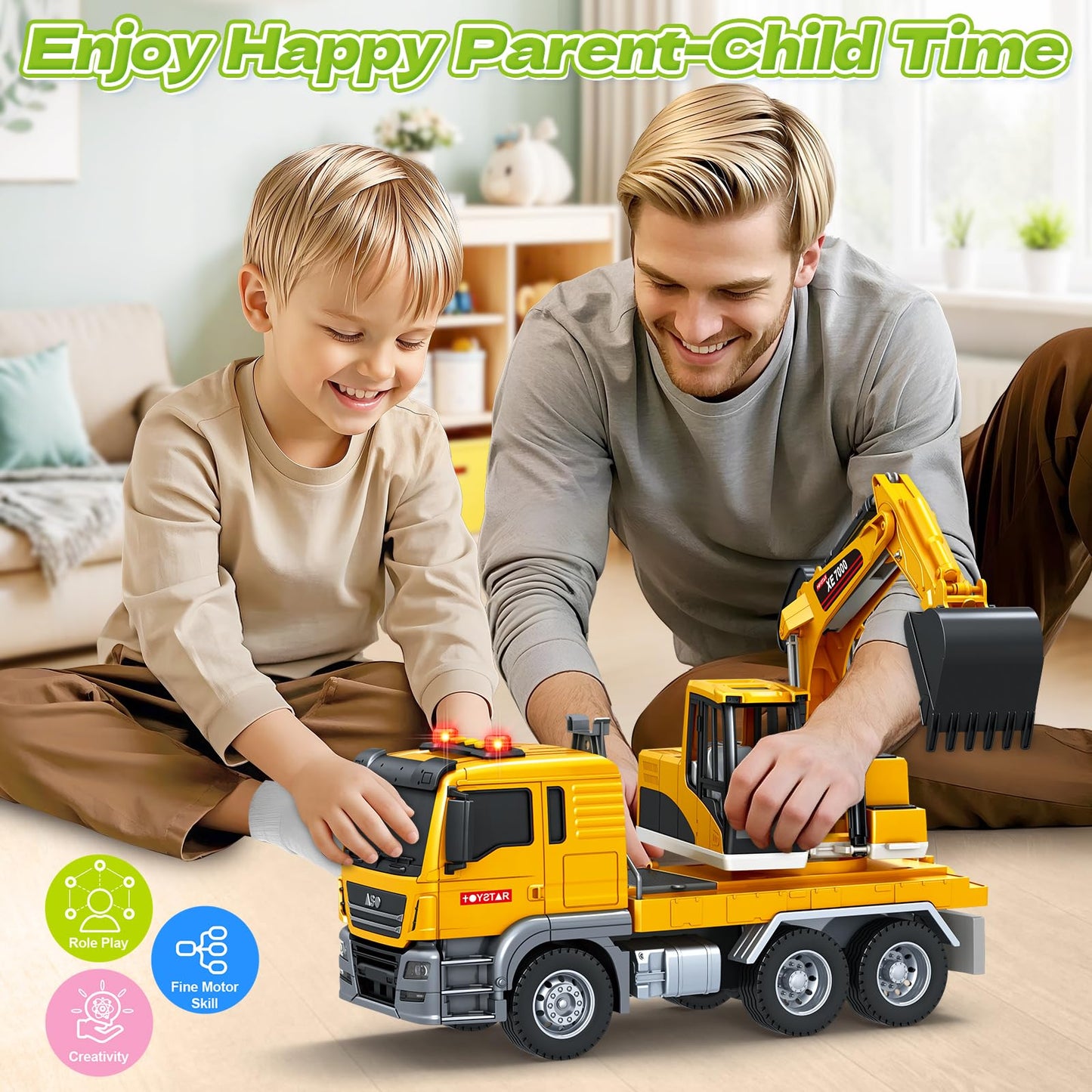 Kids Toys for 3 4 5 6 7 8 Years Old Boys, Large Excavator Truck Toy with Lights, Sounds, Toddler Friction Powered Truck Vehicle