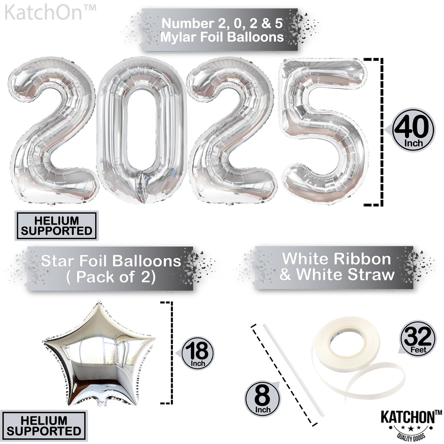 Katchon, 3Pc 40' & 18' Silver Star & Number 2025 Graduation Balloons - Helium Supported, Metallic Finish, Ideal For Graduation Decorations 2025, Children