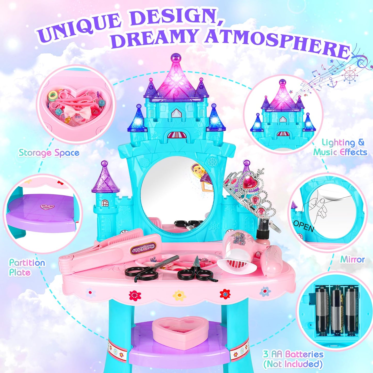 Eulrgaus Toddler Vanity, Kids Vanity Table And Chair Set With Mirror, Light And Music, Little Girl Vanity With Hair Salon Toys F