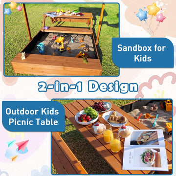 Funxplore Wooden Kids Sandbox With Lid, Outdoor Sand Box With Picnic Table, Sandpit With Cover Canopy For Aged 3-8 Years Old, Ad