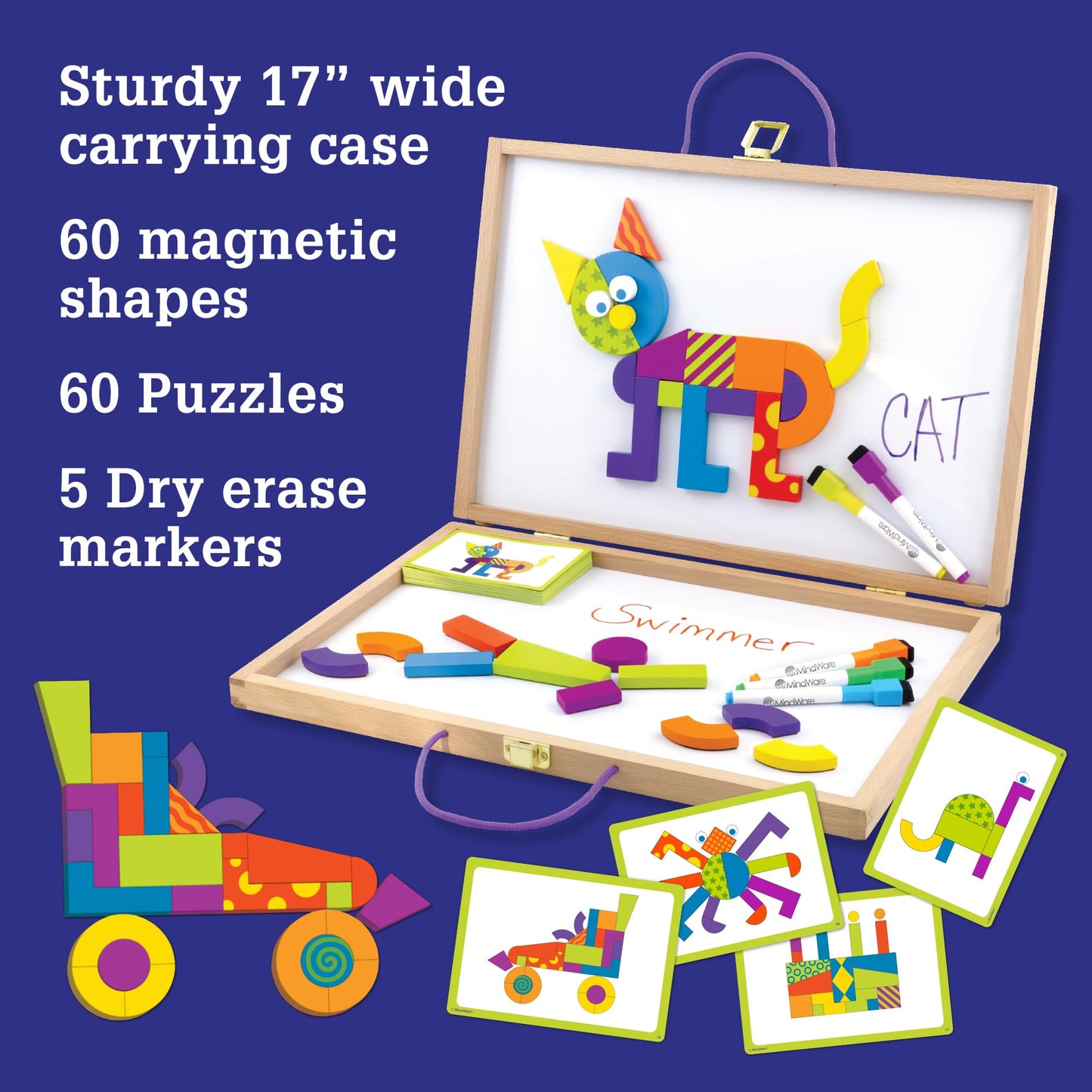 Mindware Imagination Magnets Patterns Deluxe - Includes Wood Carrying Case, Dry-Erase Markers, 60 Magnetic Blocks And 60 Puzzle Cards