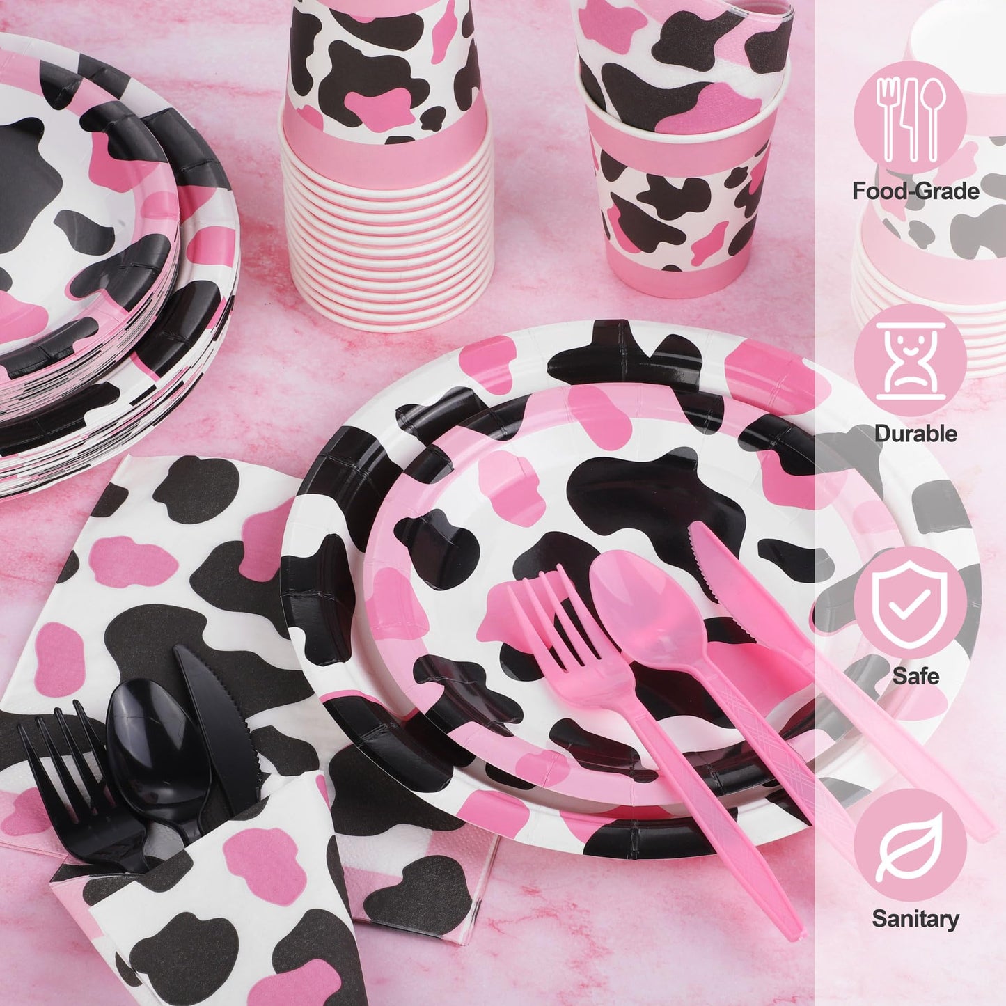 Durony 350 Pieces Pink Cow Print Party Tableware Pink Cow Party Supplies Cowgirl Party Decorations Cow Party Plates Cups Farm Th