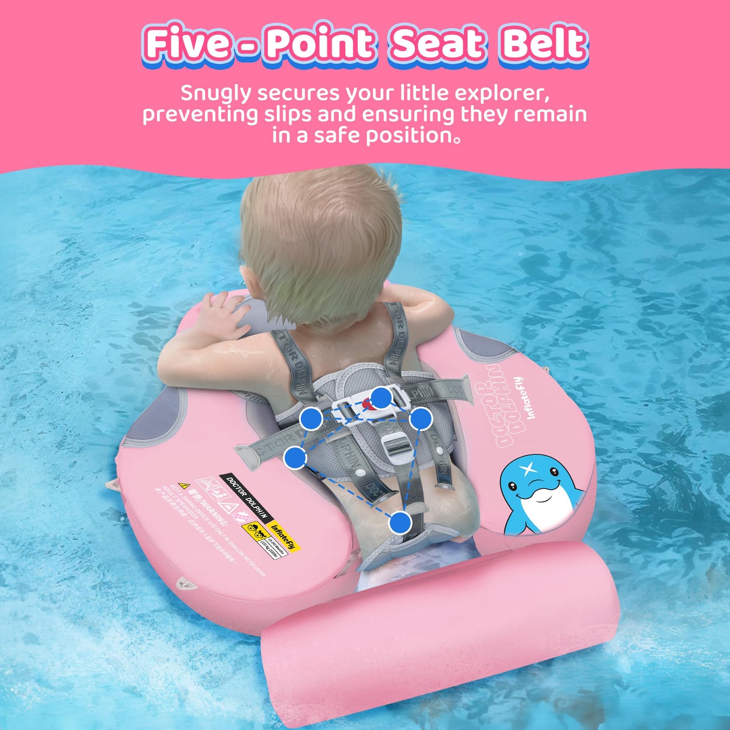 INFLATEFLY Baby Swim Float with Protection Sunshade Infant Pool Float Add Tail for 3-24 Months (Pink)
