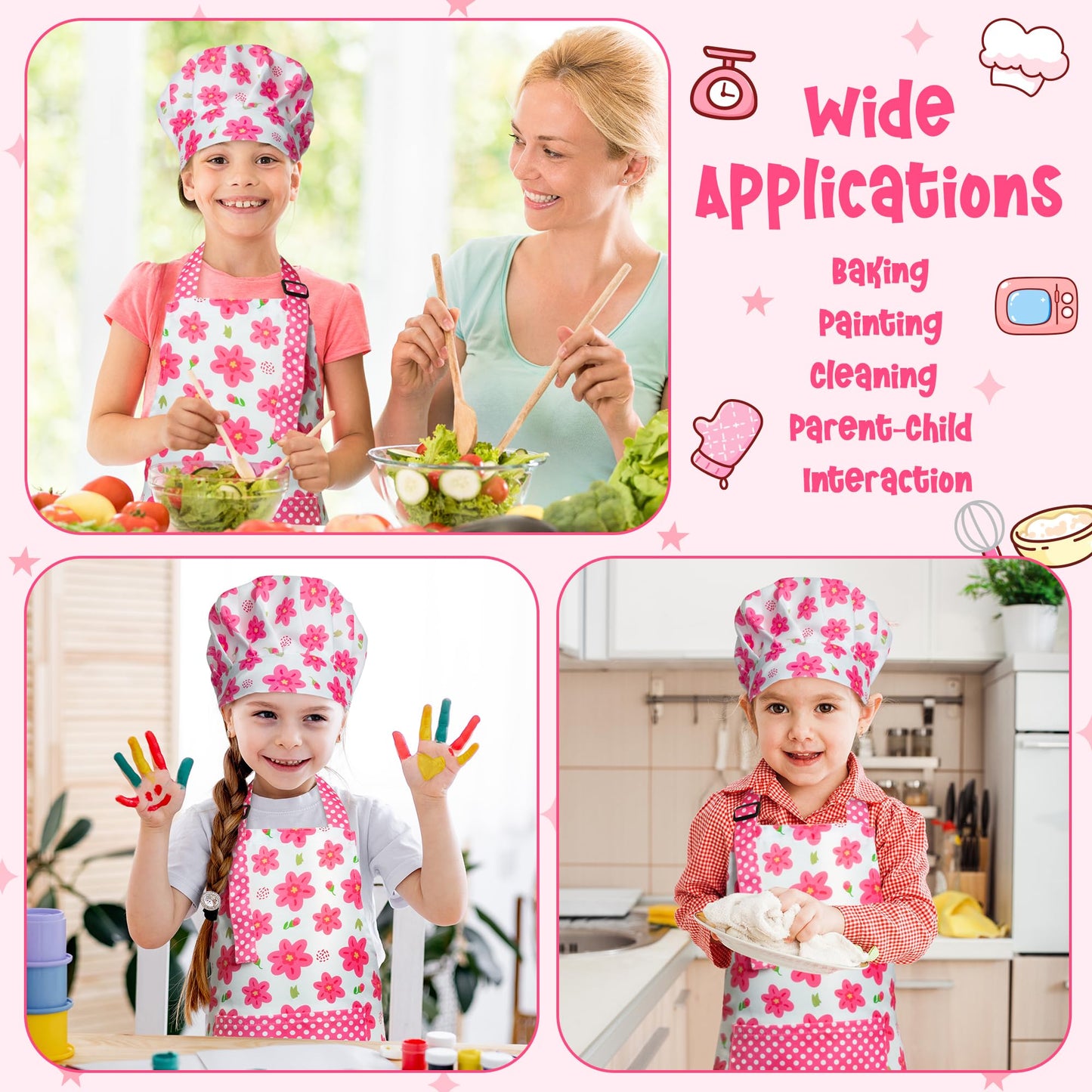 R HORSE Kid Apron and Chef Hat Set - 2Pcs Adjustable Children Pink Flower Kitchen Apron, Dress up Role Play Chef Toy Cooking Bak