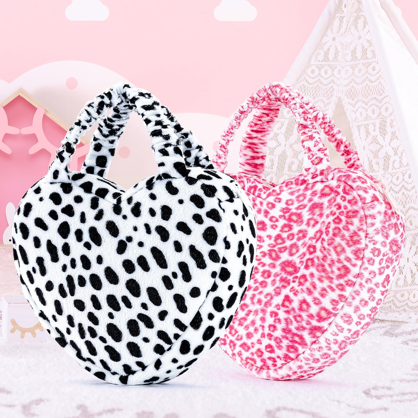 Glovelya Valentine'S Day Gifts Plush Handbag Heart-Shaped Fluffy Hand Carrying Bag In Pink And White Leopard Print, Soft And Tex