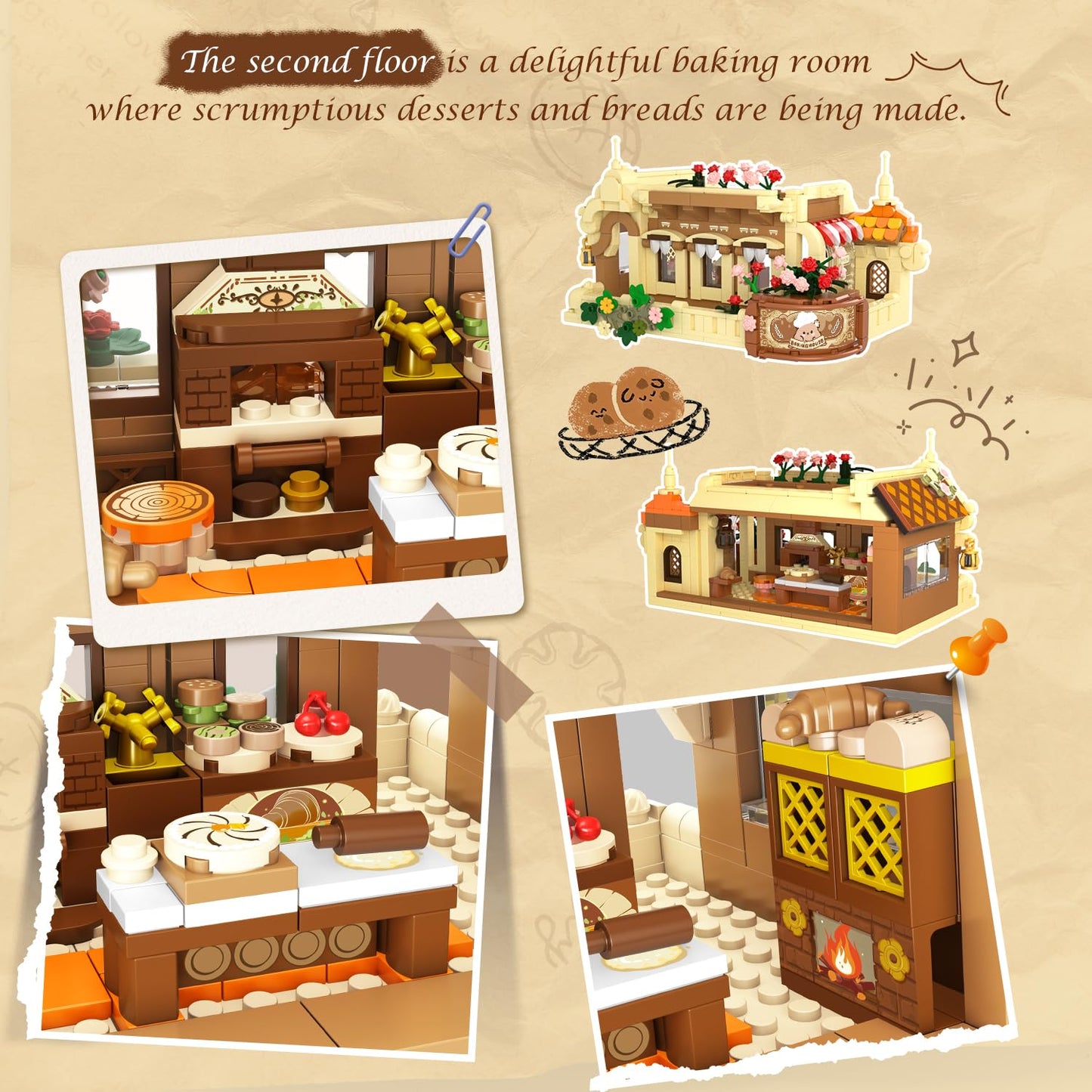 Insoon City Bakery Cafe House Building Set With Light, 1289 Pcs Baking Shop Building Block Toy With Coffee Cake Bread Bakery Roo