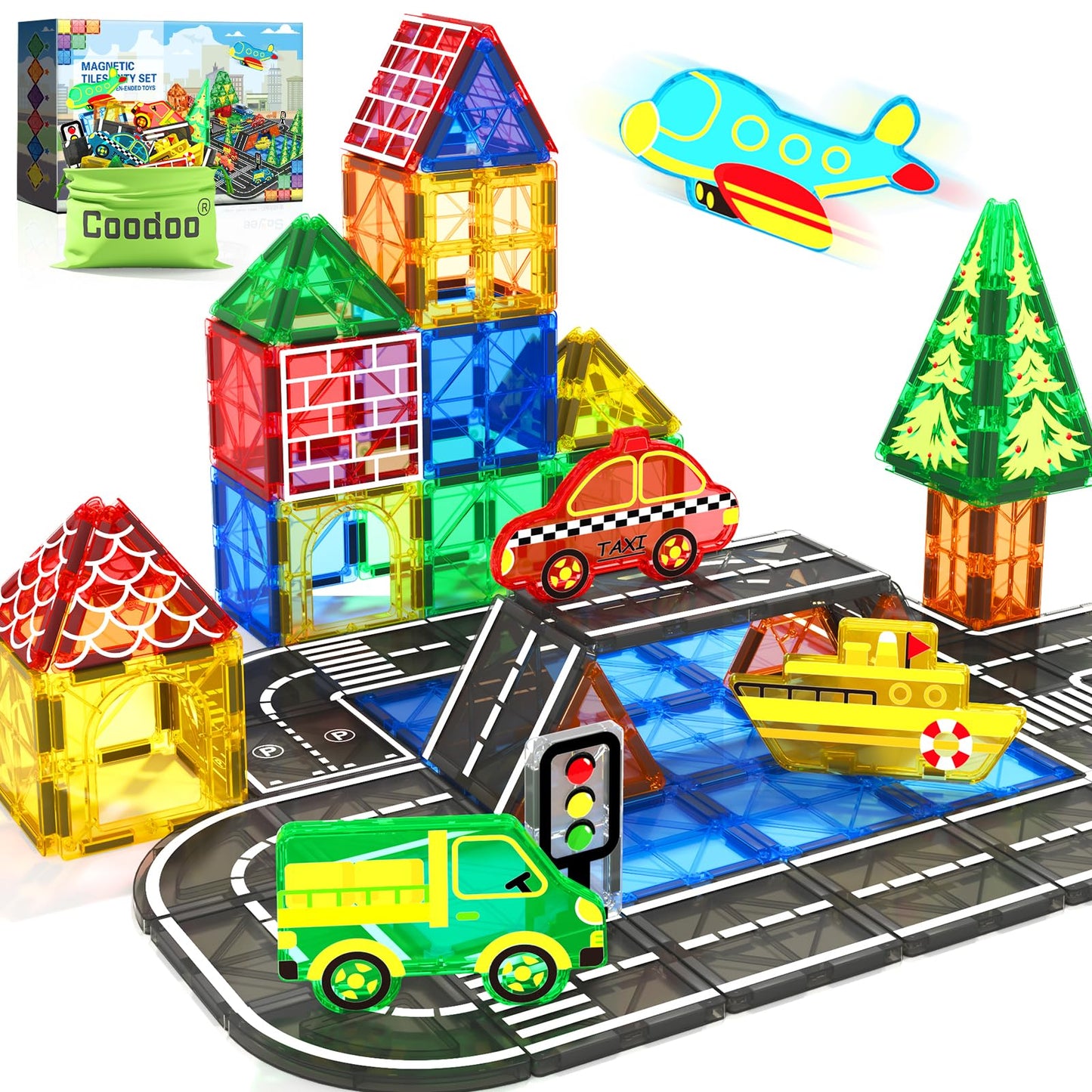 Magnetic Tiles City Road Set Kids Toys Sensory Games For 3 Year Old Boys And Girls, Magnetic Blocks For Kids Age 3-5 4-8 Classroom Must Haves Preschool Learning Outdoor Toys
