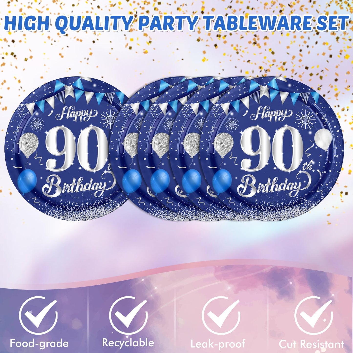 Blue 90Th Birthday Decorations For Men Navy Blue Silver Happy 90Th Birthday Tableware Set Include Happy 90Th Birthday Plates Nap