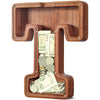 Customized Name Large Wooden Piggy Bank For Kids Boys Girls Alphabets Letter A-Z Coins Bills Money Change Bank Box Initial On Clear Cover (Laser Engraved) (Alphabet-T, Initial-12)