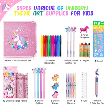 56 Pc Fruit Scented Marker Set With Glitter Unicorn Case, Art Supplies Kit For Kids Ages 4-8