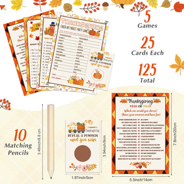 135 Pieces Thanksgiving Party Games Sets, 125 Funny Happy Holiday Party Games Paper Cards with 10 Editable Pencils Gifts for Tha