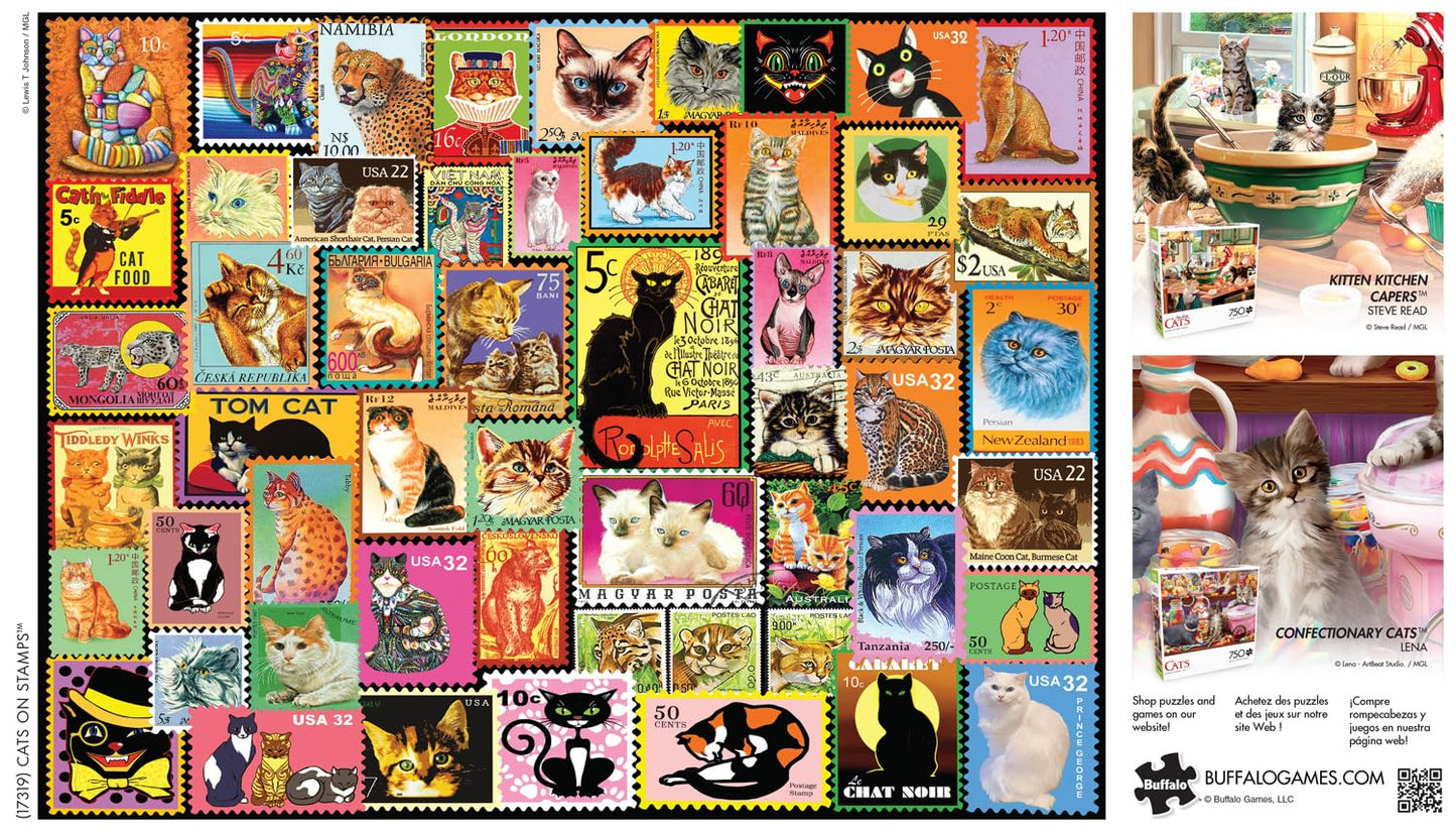 Buffalo Games 750 Piece Jigsaw Puzzle - Cats on Stamps - Large Multicolor - Paper - Model 17319 - Perfect for Game Nights
