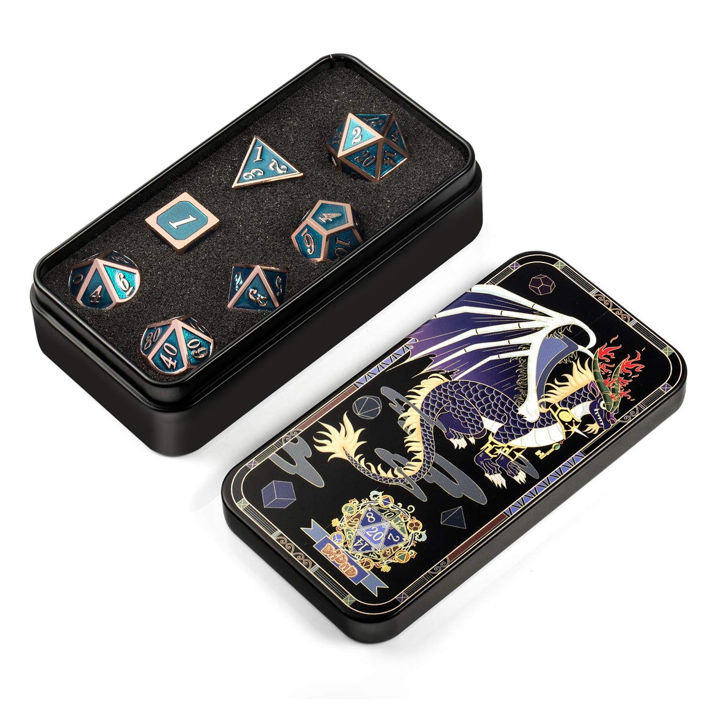Teal D&D Metal Dice Set,DNDND 7 PCS Metallic Dungeons and Dragons Dice with Free Metal Case for D&D Game Role Playing (Teal and