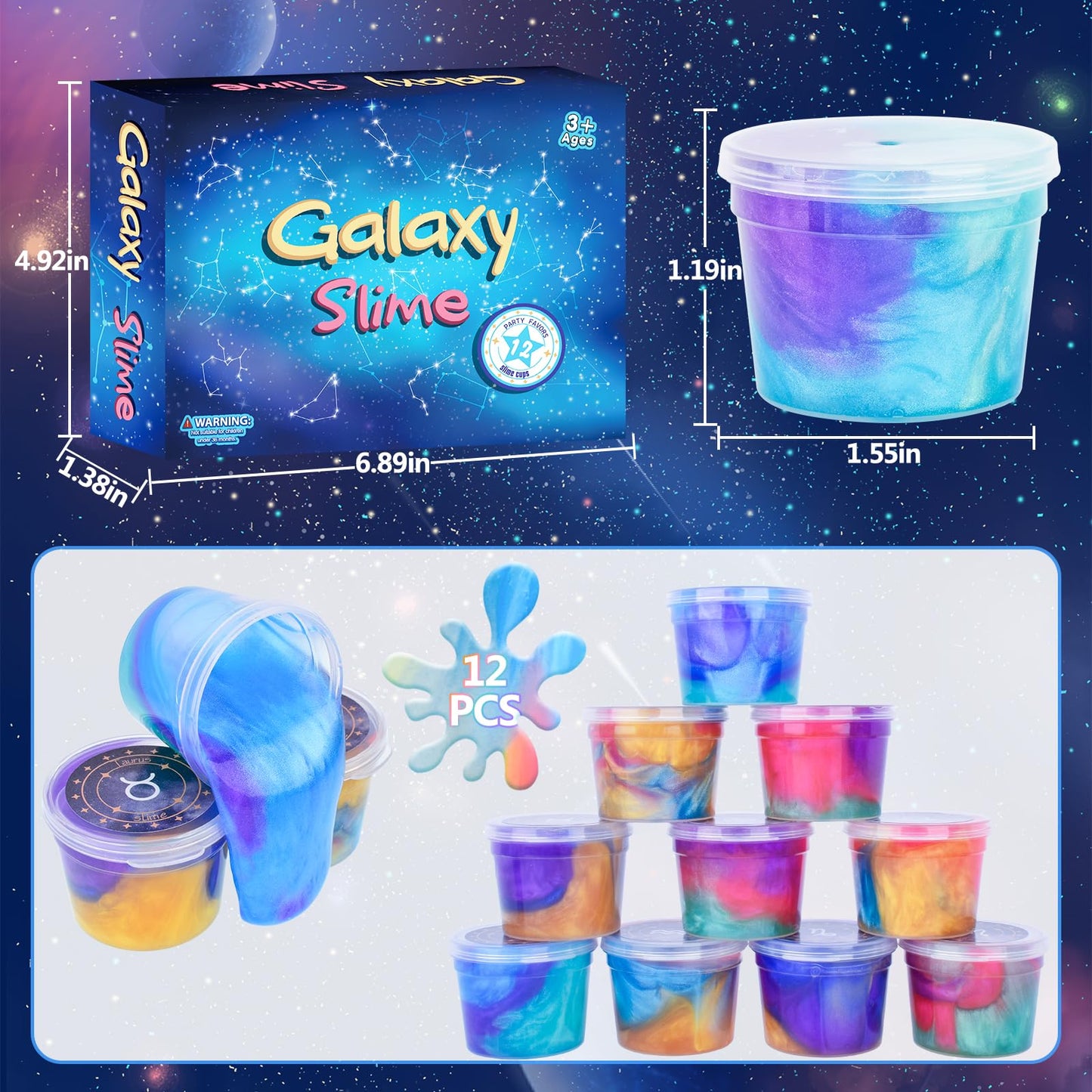 12 Pack Galaxy Slime Kit, Galaxy Slime Cup Party Favors For Girls Boys, 12 Constellations Series Mini Slime Bulk, Wet, Non-Stick