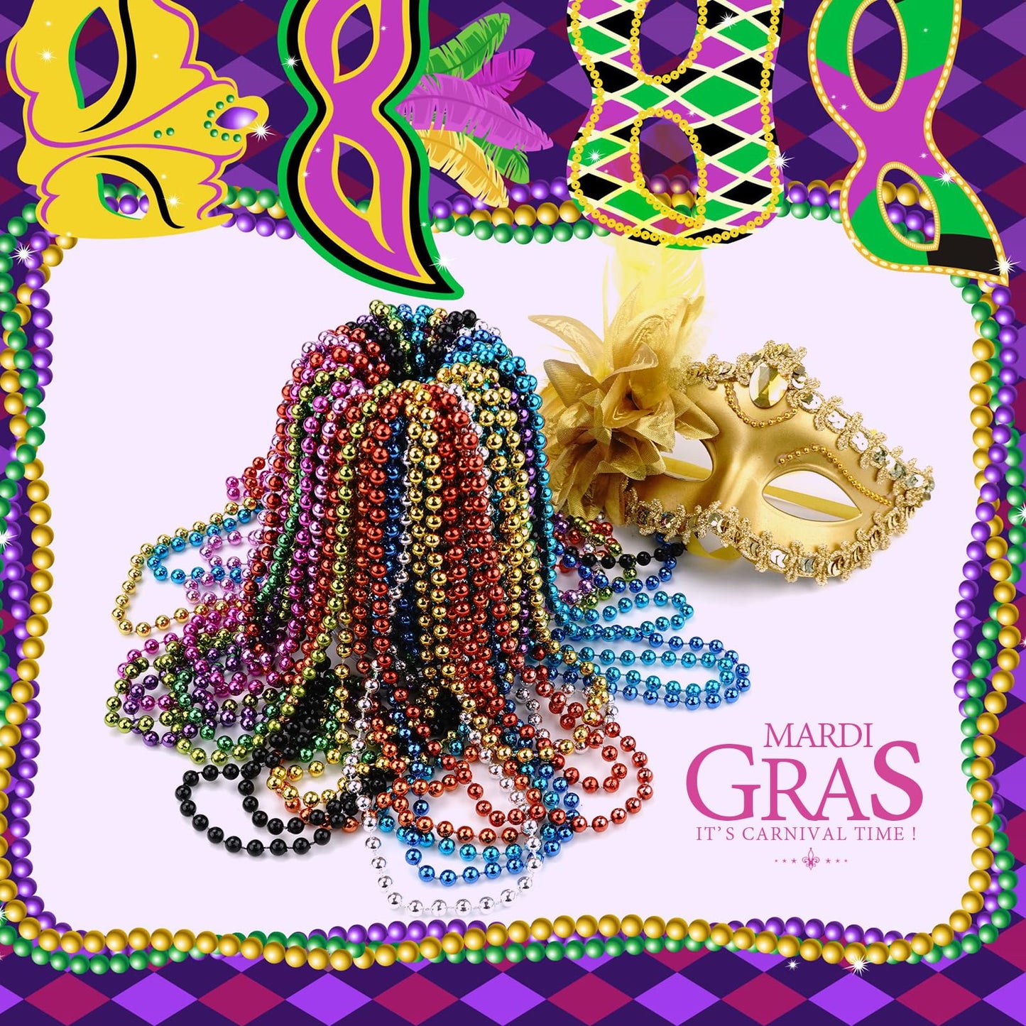72 PCS Metallic Silver Bead Necklaces, 33 Inch 7 mm Mardi Gras Beads Bulk Round Beaded Necklaces Costume Necklace for Mardi Gras