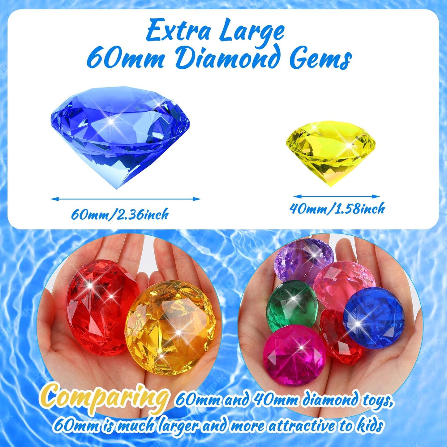 Marforever Extra Large Diving Gem Pool Toys, 60Mm Extra Big Diamond Colorful Pirate Treasure Diving Gems Huge Acrylic Diamond Po