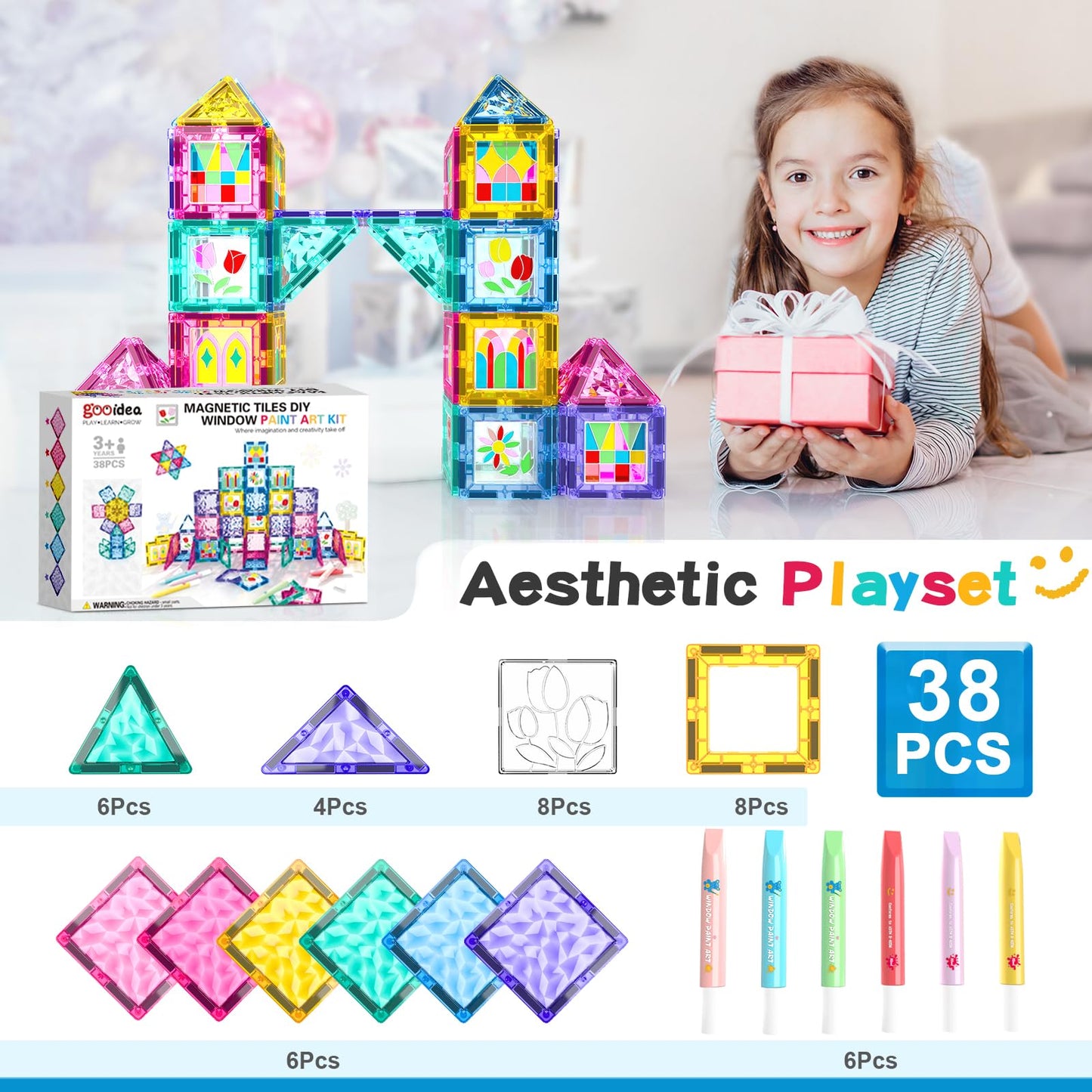 Magnetic Tiles Diy Window Arts And Craft Kit Kids Games Montessori Toys Toddler Kids, Magnet Building Blocks Set For Preschool Learning Classroom Stem Sensory Toys Gift For 3+ Year Old Boys And Girls