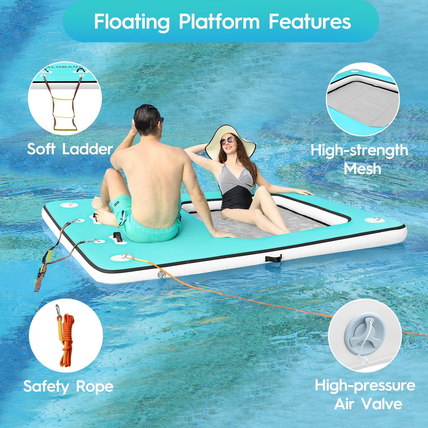 CALOBANA Inflatable Floating Dock, Lake Floats for Adults Floating Raft Air Water Platform with Detachable Ladder for Lake Boats