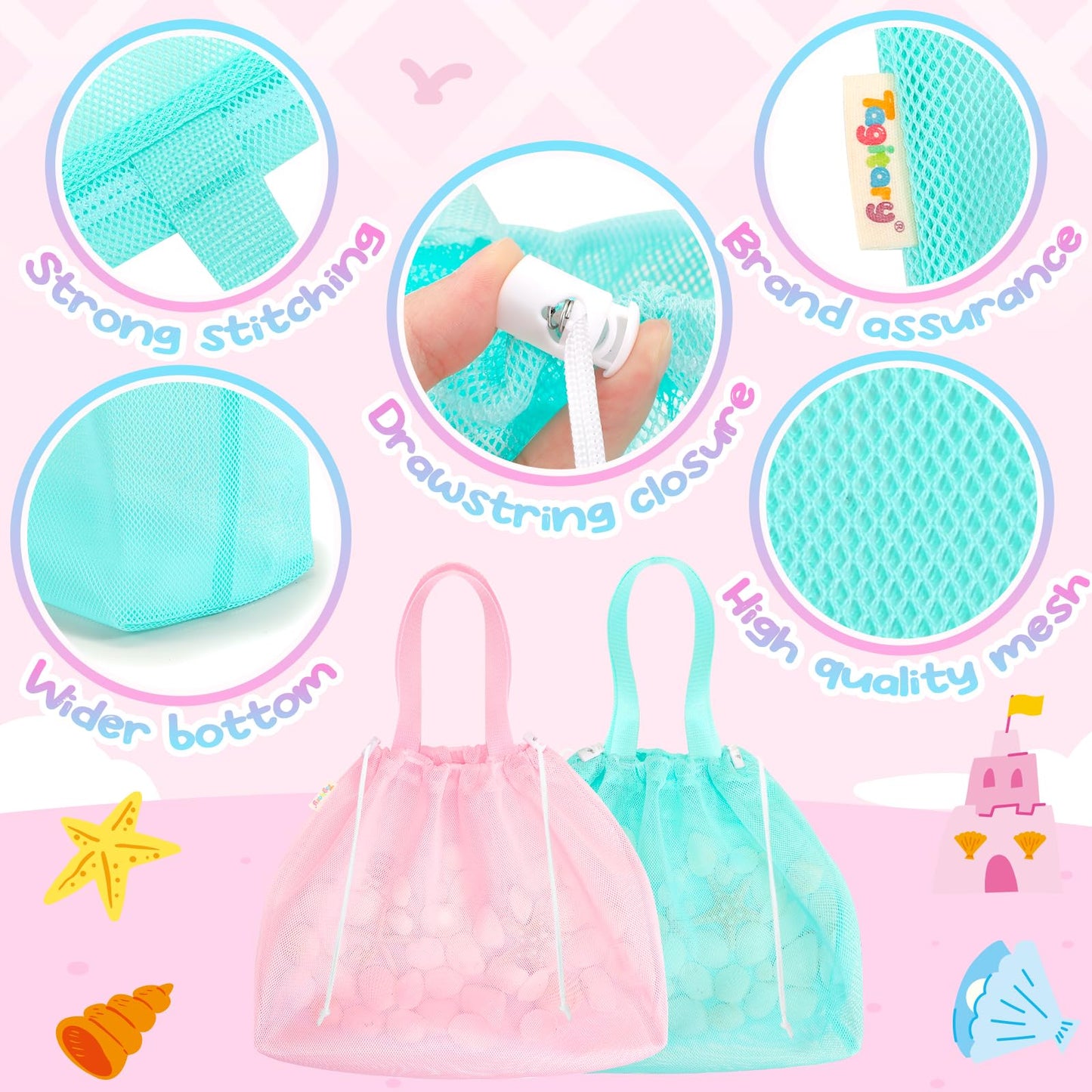 Tagitary Beach Toys Kids Beach Bag Tote with Drawstring, Pink Blue Mesh Bag Travel Beach Essentials for Kids Swim Pool Gym Bag C