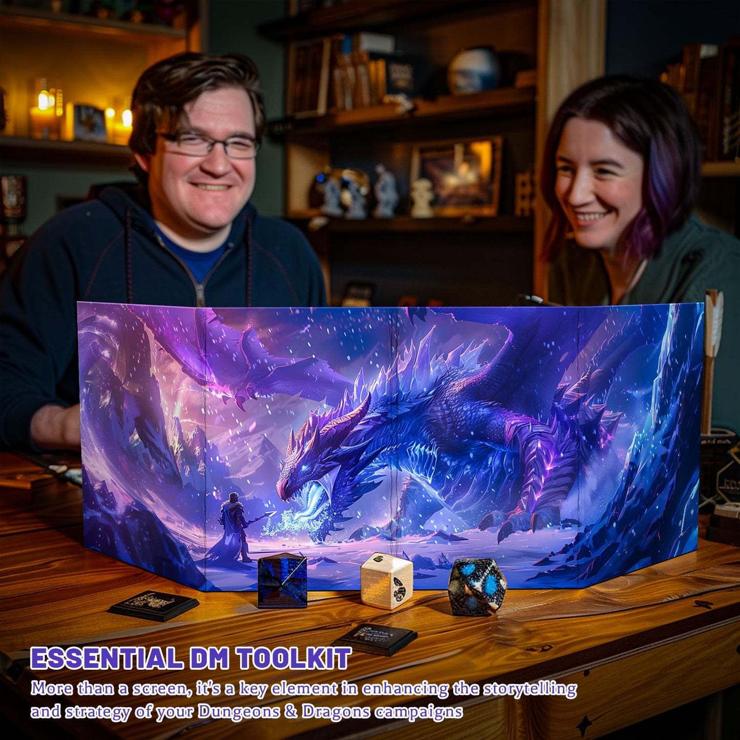 CZYY DM Screen 4-Panel Cardboard Game Master Screen with Erasable & Clear Pockets, Polar Enchantment Artwork Game Master Shield