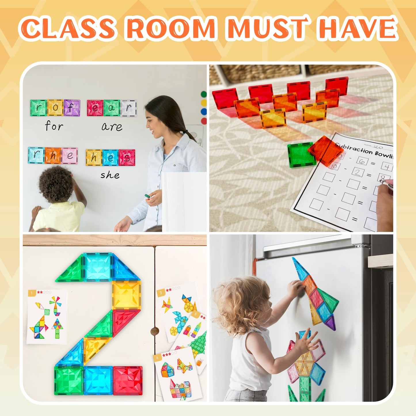 Magnetic Tiles Set, Magnet Tiles Building Blocks With Car Toy Figurines And Stickers, Construction Educational Stem Sensory Toys