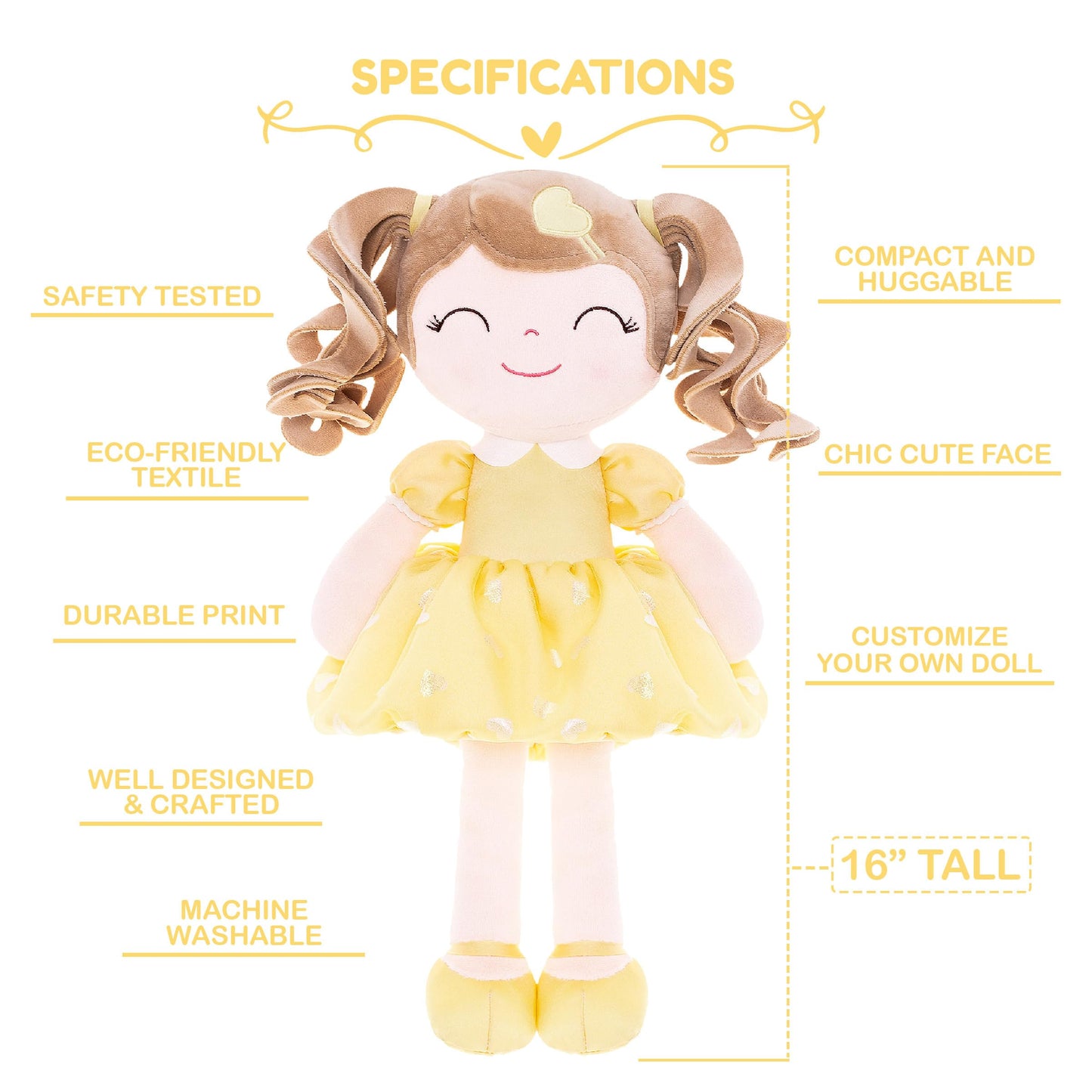 Gloveleya Personalized Curly Doll With Your Name - Cute Custom Yellow Soft Plush Doll For Girls Plush Doll Customized Gifts
