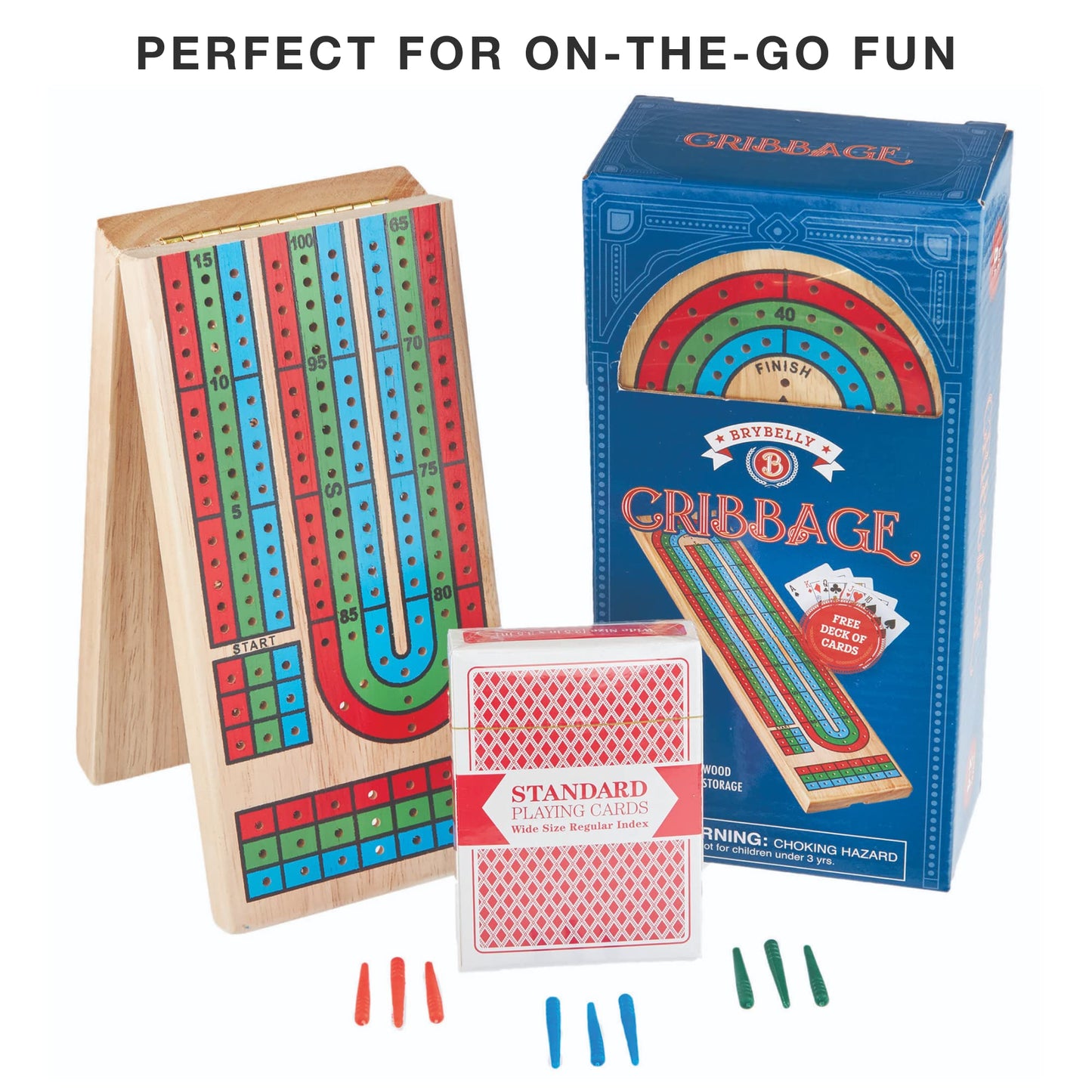 Brybelly Cribbage Board Game Set - Traditional Wooden Board Game, Classic 3-Track Layout, Plastic Pegs - Standard Deck of Playin