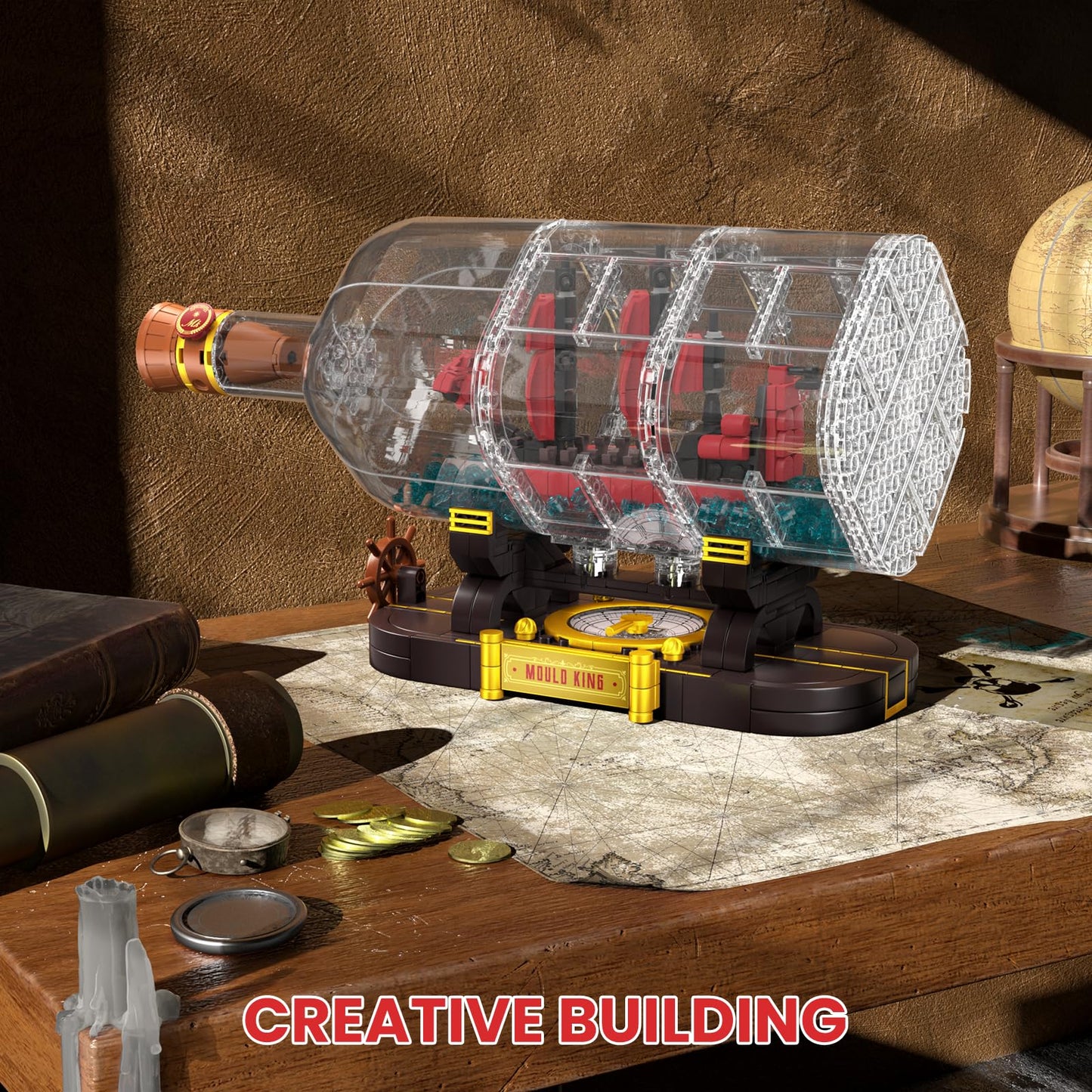 Mould King Ship In A Bottle Building Blocks Sets, 10085 Revenge Pirate Boat Model Kits Toys, Collectible Display Pirate Ship In A Bottle Kit, Stem Project For Adults And Kids Aged 8+ (885 Pieces)
