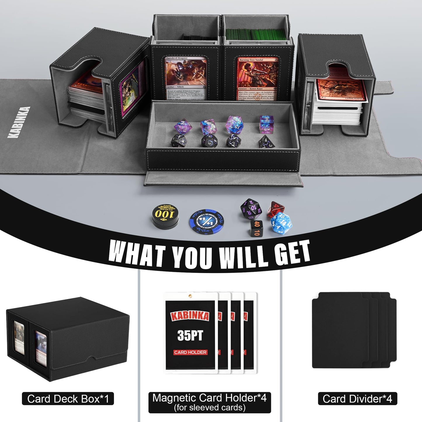 Kabinka 5 in 1 Deck Box for MTG Commander - Black Card Storage for 400+ Double-sleeved Cards, Dice Tray & 4 Magnetic Holders