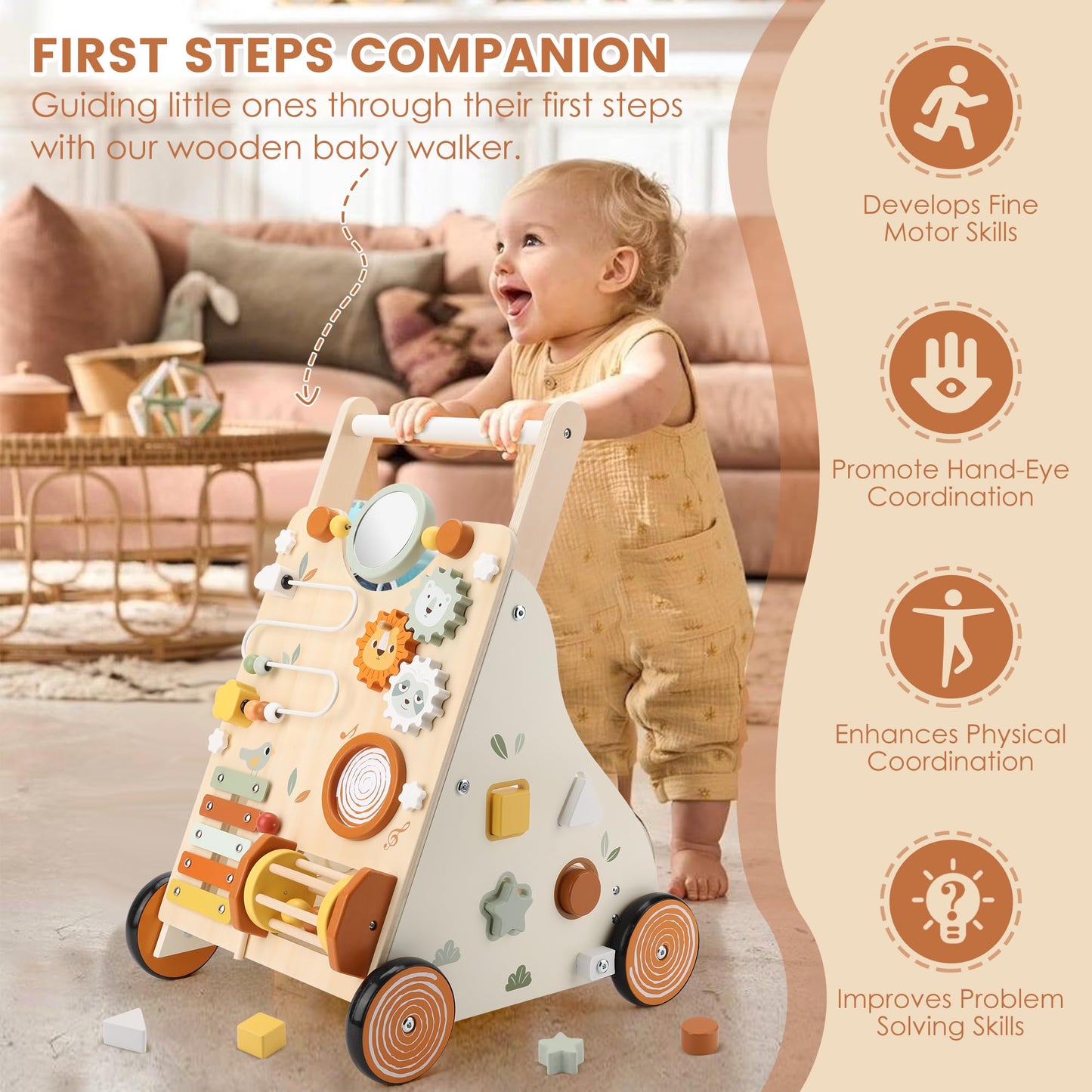 Pithfor Wooden Baby Walker, Baby Push Walker With Activity Center For Girls Boys, Push Walker Toys For Babies Learning To Walk,