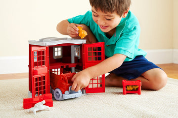 Green Toys Fire Station Playset - 8 Piece Role Play Toy, 100% Recycled Plastic, Multi Color, Model PFIR-1156, Dishwasher Safe