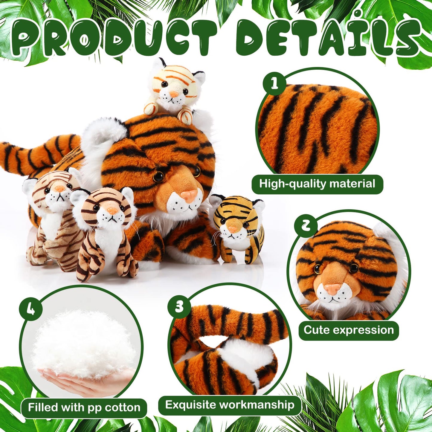 Threan 5 Pcs Tiger Stuffed Animals Plush Toy Set 16 Inch Stuffed Mommy Tiger With 4 Baby Cubs In Zippered Belly Cuddly Plushies For Kids Boys Girls Birthday Gifts Forest Party Favor Decors(Cute)