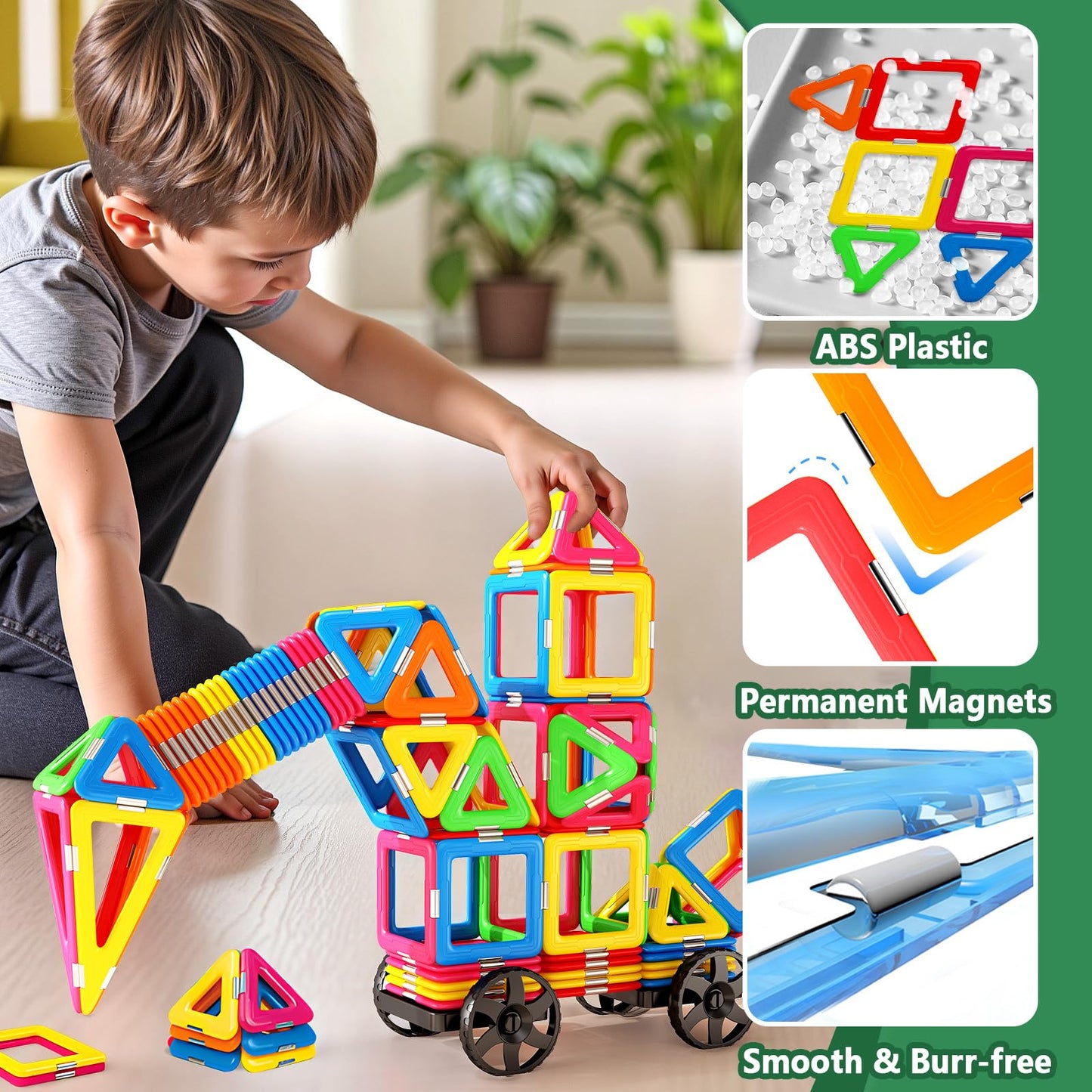 Coodoo Magnetic Tiles Building Set with 2 Cars - STEM Educational Toys for 3-8+ Year Old Boys & Girls - Multicolor Magnetic Toys