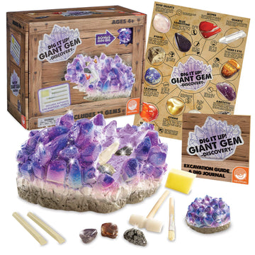 Mindware Dig It Up Giant Gem Discovery Kit - Gemstone Dig Kit Offers Geology For Kids With 12 Real Polished Hidden Gemstones - Includes 1 Giant Gem, Chiseling Tools, Gemstone Poster - Ages 4+
