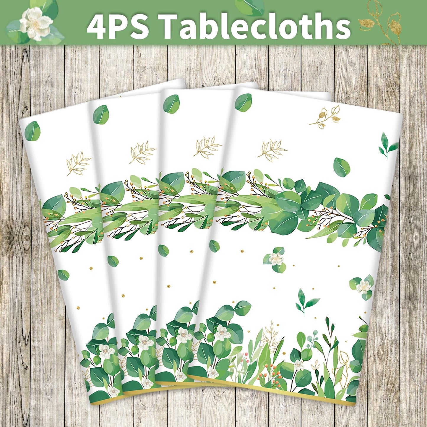 4 Pack Sage Green Eucalyptus Leaf Tablecover Sage Greenery Tablecloth Plastic Green Leaves Rectangular Greenery Table Cloths For