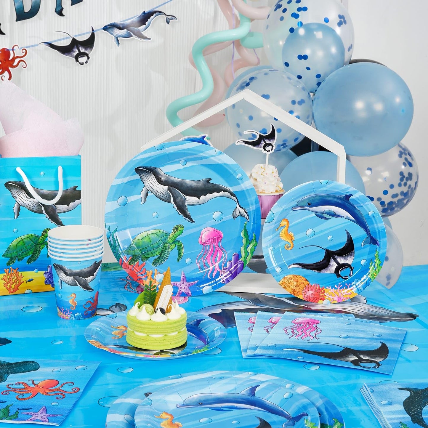 Wernnsai Ocean Party Supplies Set - 88 Pcs Under The Sea Party Tableware Set Ocean Themed Party Plates Napkins Tablecloth For 16 Guests Underwater Whale Party Decorations Birthday Baby Shwer Favors
