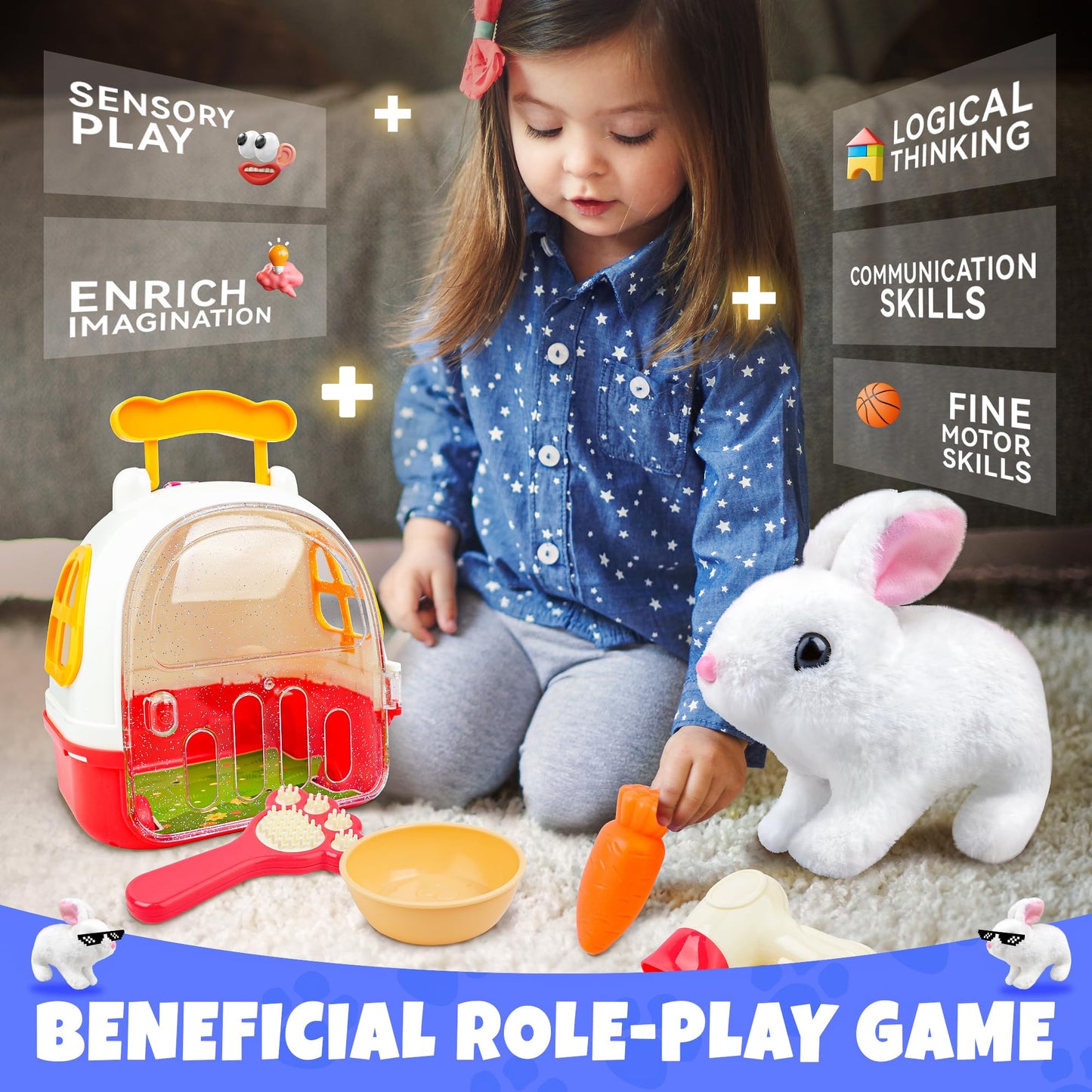 Smilesskiddo Jumping Rabbit Toys For Girls - Electronic Hopping Bunny With Wiggle Ears Twitch Nose, Storage Cage And Accessories