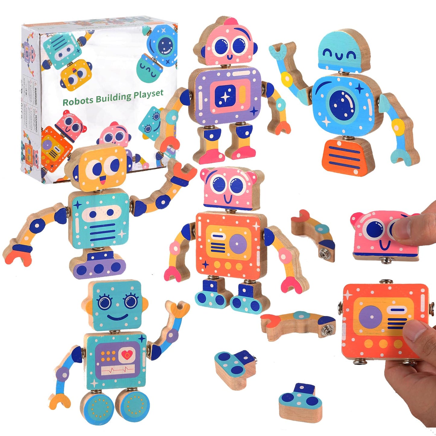 Hdsahdok Wooden Snap Together Building Toys, Stem Blocks Toys, 28 Pcs Robot Take Apart Toys Playset, Montessori Educational Fine