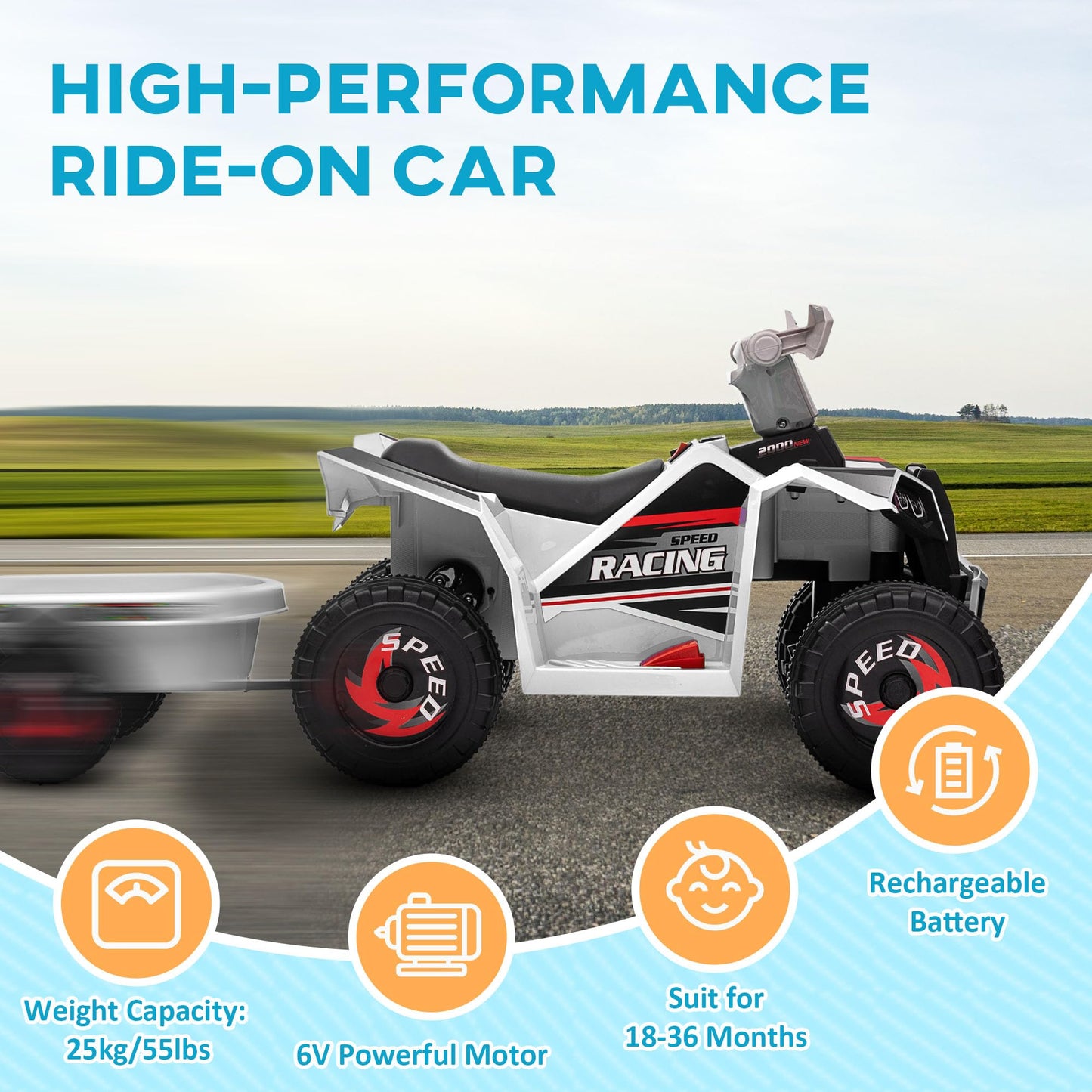 Aosom Kids Atv Quad Car With Back Trailer, 6V Electric Ride On Car With Forward Backward Function, Wear-Resistant Wheels, Ride O